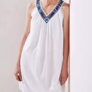 LOFT Shift Dress White Embroidered Trim Floral Sleeveless Size S